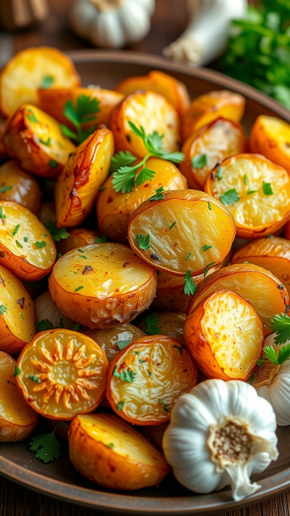A plate of crispy garlic roasted potatoes garnished with parsley and roasted garlic cloves on a rustic wooden table.